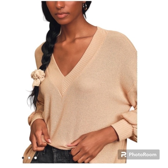 Lulu’s Personal Record Tan Knit Balloon Sleeve Sweater Top Size M - Picture 6 of 15